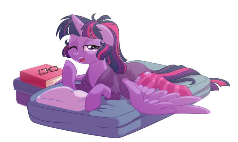 Size: 1280x763 | Tagged: safe, artist:lopoddity, banned from derpibooru, deleted from derpibooru, derpibooru import, twilight sparkle, twilight sparkle (alicorn), alicorn, pony, pandoraverse, alternate hairstyle, bed, book, clothes, female, floppy ears, looking at you, mare, messy mane, morning ponies, one eye closed, open mouth, ponytail, prone, shirt, socks, solo, spread wings, striped socks, wings, wink, yawn