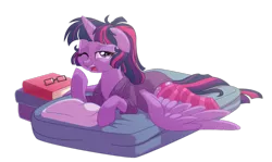 Size: 1280x763 | Tagged: safe, artist:lopoddity, banned from derpibooru, deleted from derpibooru, derpibooru import, twilight sparkle, twilight sparkle (alicorn), alicorn, pony, pandoraverse, alternate hairstyle, bed, book, clothes, female, floppy ears, looking at you, mare, messy mane, morning ponies, one eye closed, open mouth, ponytail, prone, shirt, socks, solo, spread wings, striped socks, wings, wink, yawn