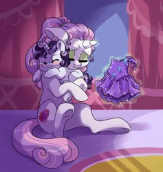 Size: 1280x1350 | Tagged: safe, artist:lopoddity, banned from derpibooru, deleted from derpibooru, derpibooru import, sweetie belle, oc, oc:bel canto, oc:prima donna, pony, pandoraverse, acceptance, clothes, crying, cute, cutie mark, dress, female, filly, heartwarming, hug, mother and child, next generation, offspring, parent:rumble, parent:sweetie belle, parents:rumbelle, tears of joy, the cmc's cutie marks, trans girl, trans mare, transgender