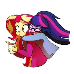 Size: 1500x1500 | Tagged: safe, artist:little-tweenframes, banned from derpibooru, deleted from derpibooru, derpibooru import, sci-twi, sunset shimmer, twilight sparkle, series:sciset diary, equestria girls, clothes, coffee, cup, cute, eyes closed, female, glasses, happy, hug, lesbian, open mouth, pajamas, ponytail, scitwishimmer, shipping, simple background, smiling, sunsetsparkle, surprised, transparent background, twiabetes