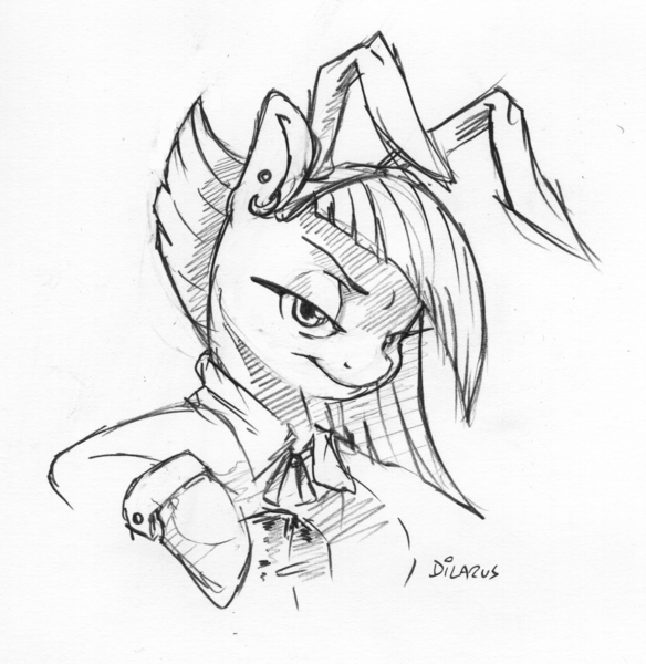 Size: 1370x1407 | Tagged: safe, artist:dilarus, banned from derpibooru, deleted from derpibooru, derpibooru import, limestone pie, earth pony, pony, bunny ears, bust, clothes, female, looking at you, mare, monochrome, signature, simple background, smiling, traditional art, white background