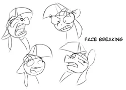 Size: 1015x724 | Tagged: safe, artist:acesential, banned from derpibooru, deleted from derpibooru, derpibooru import, twilight sparkle, pony, unicorn, angry, black and white, bust, doodle, expressions, faic, female, grayscale, mare, monochrome, open mouth, simple background, solo, white background, wide eyes