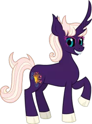 Size: 1234x1663 | Tagged: safe, artist:amrasfelagund, banned from derpibooru, deleted from derpibooru, derpibooru import, oc, oc:daybreak dream, demon, pony, unicorn, black sclera, cloven hooves, description is relevant, fangs, friendship is magic: the next generation, magical lesbian spawn, offspring, parent:starlight glimmer, parent:sunset shimmer, parents:shimmerglimmer, simple background, solo, transparent background