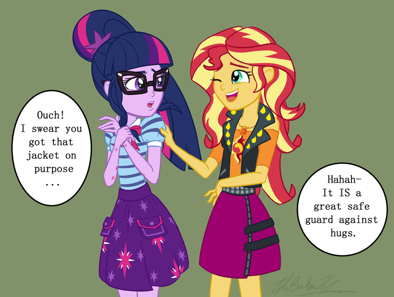 Size: 2048x1546 | Tagged: safe, artist:verumteednp, banned from derpibooru, deleted from derpibooru, derpibooru import, sci-twi, sunset shimmer, twilight sparkle, equestria girls, equestria girls series, clothes, dialogue, female, glasses, injured, jacket, lesbian, scitwishimmer, shipping, simple background, speech bubble, sunsetsparkle