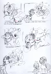 Size: 2360x3430 | Tagged: suggestive, artist:dilarus, banned from derpibooru, deleted from derpibooru, derpibooru import, part of a set, pinkie pie, spike, starlight glimmer, twilight sparkle, twilight sparkle (alicorn), alicorn, dragon, earth pony, pony, unicorn, blushing, comic, dialogue, female, floppy ears, lesbian, magic, mare, monochrome, roleplaying, shipping, simple background, telekinesis, traditional art, twinkie, white background