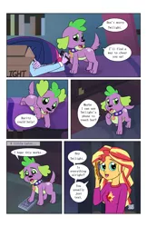 Size: 2650x4096 | Tagged: safe, artist:verumteednp, banned from derpibooru, deleted from derpibooru, derpibooru import, sci-twi, spike, spike the regular dog, sunset shimmer, twilight sparkle, dog, comic:sparkling shimmer, equestria girls, clothes, comic, dialogue, female, mobile phone, pajamas, phone, sad, speech bubble