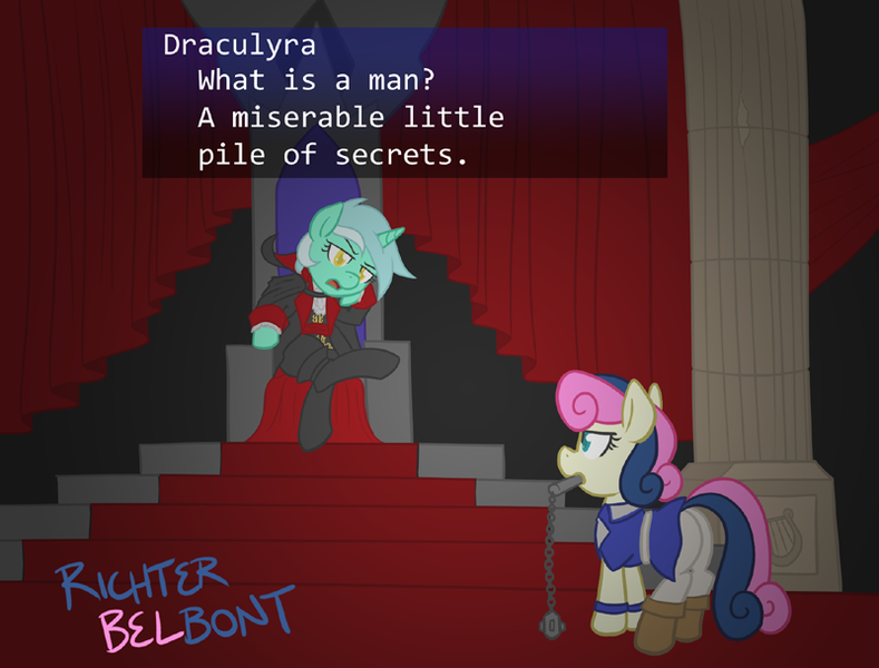 Size: 800x608 | Tagged: safe, artist:atlur, banned from derpibooru, deleted from derpibooru, derpibooru import, bon bon, lyra heartstrings, sweetie drops, earth pony, pony, unicorn, bonafied, bonpun, butt, castlevania, castlevania: symphony of the night, clothes, dracula, duo, female, flail, glare, mare, morning star, mouth hold, plot, pun, richter belmont, sitting, throne, throne slouch, weapon, what is a man