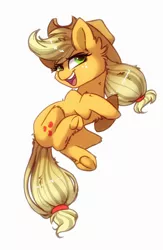 Size: 1500x2300 | Tagged: safe, artist:hiccupsdoesart, banned from derpibooru, deleted from derpibooru, derpibooru import, applejack, earth pony, pony, chest fluff, cowboy hat, ear fluff, female, fluffy, frog (hoof), hat, looking at you, mare, open mouth, simple background, solo, underhoof, white background