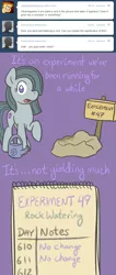 Size: 650x1536 | Tagged: safe, artist:atlur, banned from derpibooru, deleted from derpibooru, derpibooru import, marble pie, earth pony, pony, ask the pie sisters, ask, comic, experiment, eye covered by hair, female, looking at you, mare, notebook, open mouth, raised hoof, rock, solo, text, tumblr, watering can