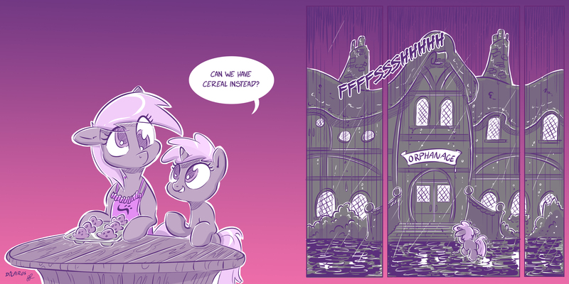 Size: 4000x2000 | Tagged: safe, artist:dilarus, banned from derpibooru, deleted from derpibooru, derpibooru import, derpy hooves, dinky hooves, pegasus, pony, unicorn, meet-the-pones, apron, bad end, clothes, comic, dark comedy, dialogue, disowned, duo, equestria's worst mother, female, filly, floppy ears, food, mare, mother and child, mother and daughter, muffin, orphanage, rain, sad, smiling, table, window