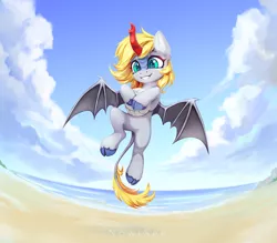 Size: 1716x1500 | Tagged: ambiguous gender, artist:inowiseei, bat wings, beach, cloven hooves, flying, hybrid, kirin, oc, oc:dawn strider, ocean, quadrupedal, safe, sky, solo, sports, unofficial characters only, vertigo, volleyball, wings