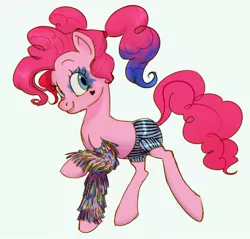 Size: 1144x1093 | Tagged: artist needed, source needed, safe, pinkie pie, earth pony, pony, birds of prey, clothes, cosplay, costume, dyed hair, dyed mane, eyeshadow, female, harley quinn, heart, leg warmers, looking at you, makeup, mare, one hoof raised, pigtails, pinkie quinn, raised hoof, shorts, simple background, smiling, solo, white background