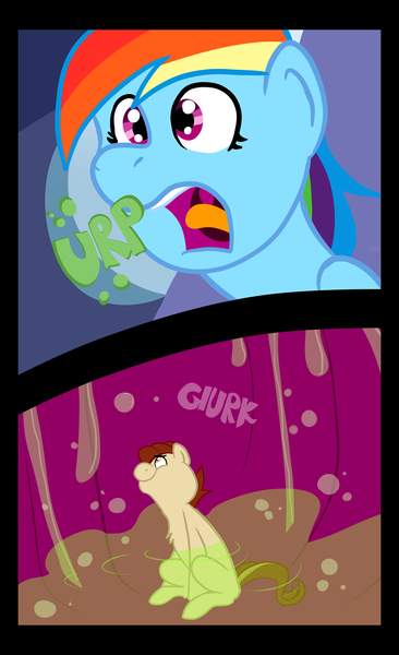 Size: 1100x1801 | Tagged: questionable, artist:chubbyjam, rainbow dash, oc, oc:pan sizzle, earth pony, pegasus, pony, burp, comic, inside stomach, internal, mawshot, open mouth, stomach, stomach acid, vore
