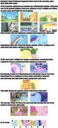 Size: 500x1100 | Tagged: author needed, source needed, safe, ponibooru import, angel bunny, applejack, fluttershy, pinkie pie, princess celestia, rainbow dash, rarity, twilight sparkle, unnamed character, unnamed pony, alicorn, earth pony, pegasus, pony, unicorn, the cutie mark chronicles, audience, balloon, cake, chronology, cutie mark, female, filly, flying, food, mare, rainbow, rock farm, sonic rainboom, text, unicorn twilight, younger