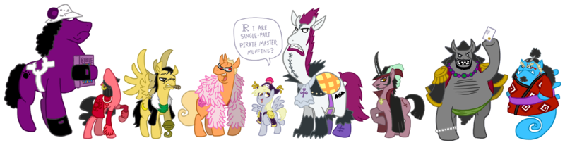 Size: 1397x360 | Tagged: artist needed, source needed, safe, ponibooru import, derpy hooves, ponified, ponified:bartholomew kuma, ponified:boa hancock, ponified:buggy, ponified:donquixote doflamingo, ponified:dracule mihawk, ponified:jinbe, ponified:marshall teach, ponified:trafalgar law, pegasus, pony, sea pony, unicorn, crossover, curved horn, female, horn, looking at you, mare, one piece, open mouth, pirate, pirate costume, shichibukai, simple background, speech bubble, spread wings, transparent background, wings