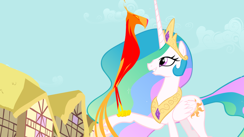 Size: 1920x1080 | Tagged: safe, ponibooru import, screencap, philomena, princess celestia, alicorn, phoenix, pony, a bird in the hoof, duo, ethereal mane, female, jewelry, mare, perching, ponyville, raised hoof, regalia, smiling, wallpaper