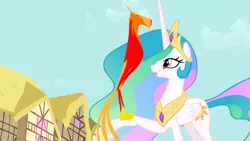 Size: 1920x1080 | Tagged: safe, ponibooru import, screencap, philomena, princess celestia, alicorn, phoenix, pony, a bird in the hoof, duo, ethereal mane, female, jewelry, mare, perching, ponyville, raised hoof, regalia, smiling, wallpaper