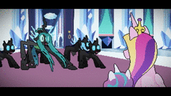 Size: 1280x720 | Tagged: semi-grimdark, alternate version, artist:2snacks, princess cadance, princess celestia, princess flurry heart, princess luna, queen chrysalis, alicorn, changeling, changeling queen, pony, absurd file size, alternate hairstyle, animated, army, blood, car, clothes, crystal castle, dark, earth, eyepatch, female, filly, friday the 13th, get stick bugged lol, glowing horn, hat, helmet, horn, impossibly long neck, jason voorhees, knife, machete, magic, manehattan, mare, mask, meme, moon, mouth hold, music, necc, pirate, pirate hat, pixel art, ponytail, princess necklestia, skull, skull helmet, sound, space, space helmet, sweat, sweatdrop, sword, teen princess cadance, telekinesis, they're everywhere, wat, weapon, webm, woona, younger, youtube link