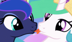 Size: 628x365 | Tagged: safe, edit, screencap, princess celestia, princess luna, pony, animated, bust, duo, licking, looking at each other, meme, poni licking poni, portrait, royal sisters, tongue out
