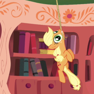 Size: 320x320 | Tagged: safe, artist:atomicgreymon, ponibooru import, applejack, pony, animated, female, gif, golden oaks library, hanging, library, mare, mouth hold, rope, show accurate, solo