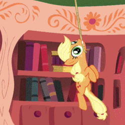 Size: 320x320 | Tagged: safe, artist:atomicgreymon, ponibooru import, applejack, pony, animated, female, gif, golden oaks library, hanging, library, mare, mouth hold, rope, show accurate, solo