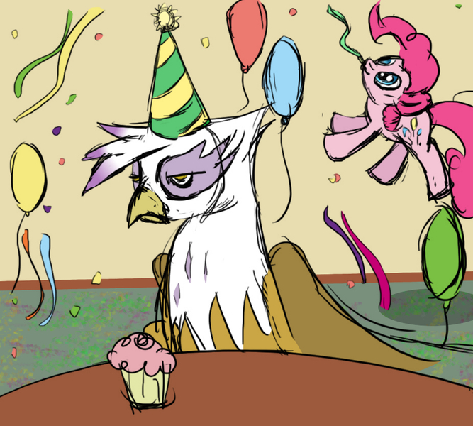 Size: 962x865 | Tagged: artist needed, source needed, safe, ponibooru import, gilda, pinkie pie, earth pony, gryphon, pony, balloon, cupcake, duo, female, food, hat, mare, not amused face, party, party hat, table