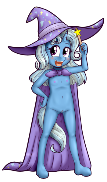 Size: 1329x2273 | Tagged: source needed, explicit, artist:anibaruthecat, banned from derpibooru, trixie, anthro, blushing, breasts, cap, cape, clothes, delicious flat chest, female, hat, lolicon, looking to the left, nudity, open mouth, partial nudity, sideways glance, simple background, solo, solo female, transparent background, trixie's cape, trixie's hat, underage, vulva, young, younger
