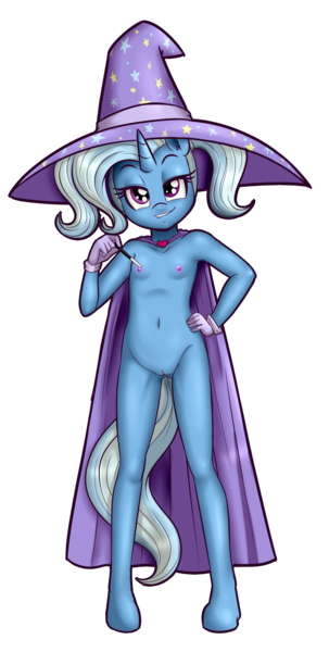 Size: 1432x2832 | Tagged: explicit, artist:anibaruthecat, banned from derpibooru, trixie, anthro, bedroom eyes, breasts, cape, clothes, delicious flat chest, female, gloves, hat, lip bite, lolicon, looking at you, nipple play, nudity, partial nudity, presentation, simple background, solo, solo female, transparent background, trixie's cape, trixie's hat, underage, vulva, wand, young, younger