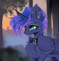 Size: 4300x4500 | Tagged: safe, artist:livitoza, derpibooru import, princess luna, alicorn, pony, alternate hairstyle, chest fluff, collar, ear piercing, excessive chest fluff, eyeliner, female, fog, image, looking to the left, makeup, mare, piercing, png, punk, sideways glance, solo