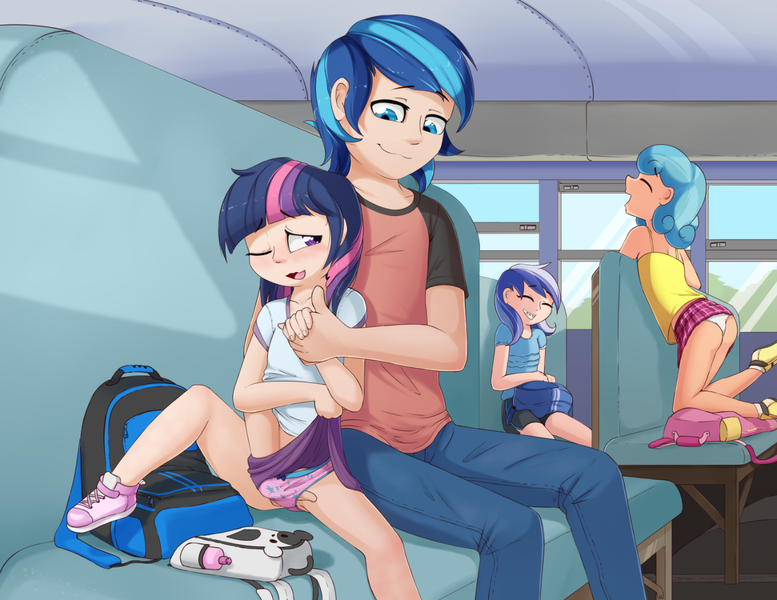 Size: 1456x1125 | Tagged: explicit, artist:fearingfun, banned from derpibooru, minuette, shining armor, twilight sparkle, human, age difference, backpack, bag, blushing, braces, brother and sister, clothes, exhibitionism, female, fingering, holding hands, humanized, incest, lolicon, male, panties, pants, public sex, school bus, sex, shiningsparkle, shipping, siblings, skirt, smiling, spreading, spread legs, stealth sex, straight, thrill of almost being caught, twicest, underage, underwear, upskirt