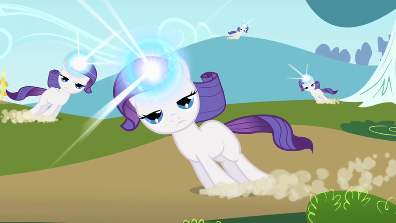 Size: 896x504 | Tagged: editor needed, source needed, safe, edit, edited screencap, ponibooru import, screencap, rarity, pony, unicorn, the cutie mark chronicles, clone, destiny, dragging, female, filly, filly rarity, frown, lidded eyes, magic, solo, younger