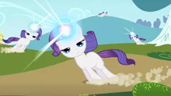 Size: 896x504 | Tagged: editor needed, source needed, safe, edit, edited screencap, ponibooru import, screencap, rarity, pony, unicorn, the cutie mark chronicles, clone, destiny, dragging, female, filly, filly rarity, frown, lidded eyes, magic, solo, younger