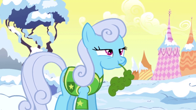 Size: 640x360 | Tagged: safe, ponibooru import, screencap, linky, shoeshine, pony, winter wrap up, animated, carrot, chewing, clothes, eating, female, food, gif, lidded eyes, mare, nom, outdoors, snow, solo, standing, vest, winter