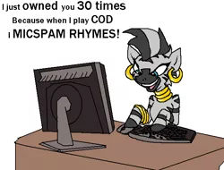 Size: 619x470 | Tagged: artist:echidnajoe, call of duty, computer, dexterous hooves, dialogue, female, mare, open mouth, ponibooru import, rhyme, safe, simple background, solo, white background, zebra, zecora