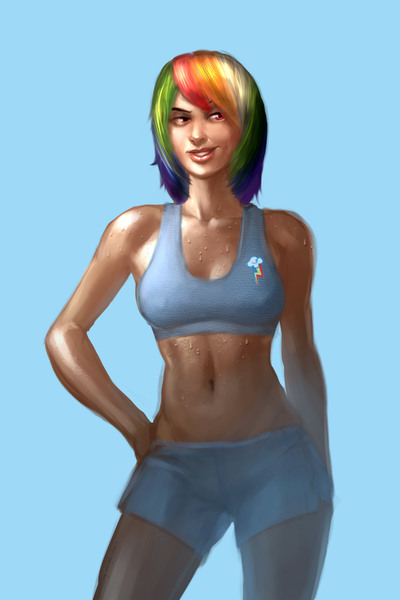 Size: 1600x2400 | Tagged: artist:monkeyjay, artist needed, belly button, blue background, breasts, clothes, female, human, humanized, looking to the right, ponibooru import, questionable, rainbow dash, shorts, sideways glance, simple background, source needed, sports bra, sweat