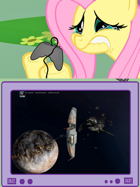 Size: 563x752 | Tagged: artist needed, source needed, safe, ponibooru import, fluttershy, pegasus, pony, crying, dexterous hooves, exploitable meme, female, homeworld, mare, meme, obligatory pony, solo, tv meme, underhoof, video game