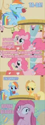 Size: 620x1719 | Tagged: editor needed, source needed, safe, edit, edited screencap, ponibooru import, screencap, applejack, pinkie pie, rainbow dash, earth pony, pegasus, pony, apple bobbing, comic, open mouth, pinkamena diane pie, screencap comic, smiling, spread wings, text, trio, wings