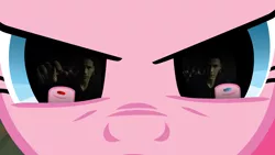 Size: 1280x720 | Tagged: editor needed, episode needed, source needed, safe, edit, edited screencap, ponibooru import, screencap, pinkie pie, earth pony, human, pony, blue pill, eye reflection, female, frown, irl, irl human, keanu reeves, mare, neo, photo, red pill, reflection, the matrix