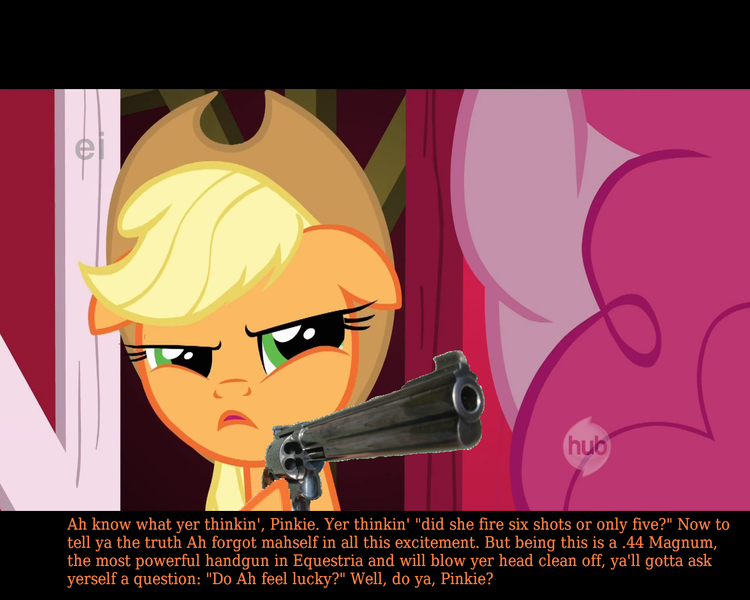 Size: 1280x1024 | Tagged: editor needed, source needed, safe, edit, edited screencap, ponibooru import, screencap, applejack, pinkie pie, earth pony, pony, party of one, .44 magnum, barn, dirty harry, female, frown, gun, handgun, hub logo, lidded eyes, mare, meme, parody, photoshop, revolver, text, weapon