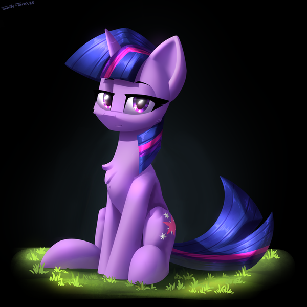 Size: 2400x2400 | Tagged: safe, artist:shido-tara, edit, editor:pastthesouthpole, twilight sparkle, pony, unicorn, black background, female, grass, lidded eyes, looking at you, mare, simple background, sitting, smiling, smirk, solo, unicorn twilight, wingless, wingless edit