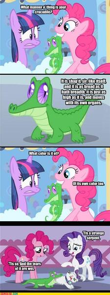 Size: 450x1200 | Tagged: editor needed, source needed, safe, author:william shakespeare, edit, edited screencap, ponibooru import, screencap, gummy, opalescence, pinkie pie, rarity, twilight sparkle, alligator, cat, earth pony, pony, unicorn, antony and cleopatra, bath, bathroom, comic, dialogue, female, fillysophy, male, mare, shakespeare, vore