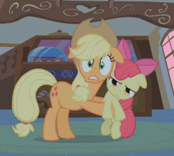 Size: 480x432 | Tagged: source needed, safe, ponibooru import, screencap, apple bloom, applejack, earth pony, pony, bridle gossip, animated, apple bloom is not amused, duo, female, filly, gif, holding a pony, mare, scared, unamused