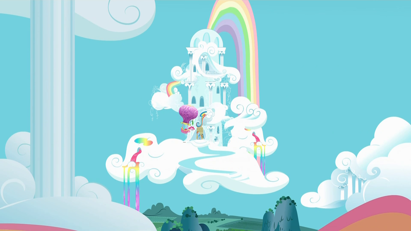 Size: 1920x1080 | Tagged: safe, ponibooru import, screencap, pinkie pie, rainbow dash, earth pony, pegasus, pony, party of one, cloud, duo, female, hot air balloon, mare, outdoors, rainbow, rainbow dash's house