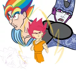 Size: 1350x1350 | Tagged: artist needed, source needed, safe, ponibooru import, scootaloo, spike, trixie, human, barely pony related, cell (dbz), dragon ball z, gohan, goku, humanized, image, jpeg, lidded eyes, open mouth, parody, perfect cell, piccolo (dbz)