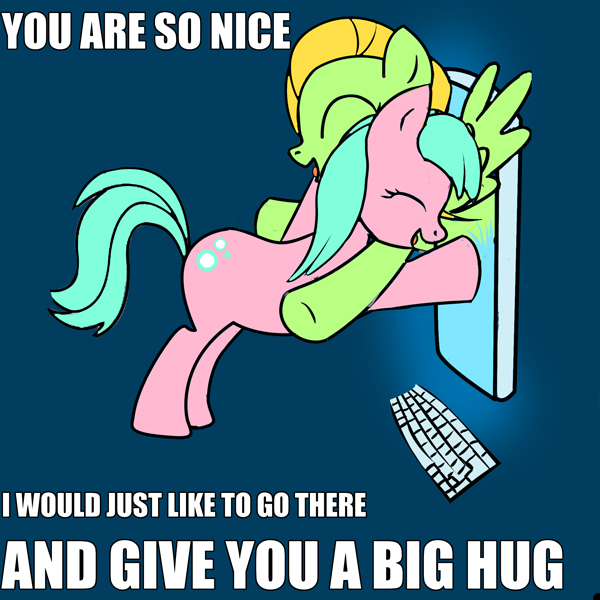 Size: 600x600 | Tagged: artist needed, source needed, safe, ponibooru import, oc, unnamed oc, unofficial characters only, earth pony, pegasus, pony, caption, computer, duo, eyes closed, female, fourth wall, hug, image macro, mare, open mouth, smiling, spread wings, text, wings