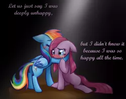 Size: 600x470 | Tagged: artist needed, source needed, safe, ponibooru import, pinkie pie, rainbow dash, earth pony, pegasus, pony, party of one, blushing, caption, crying, duo, female, hug, l.a. story, mare, pinkamena diane pie, simple background, spotlight, text