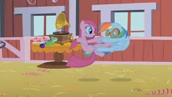 Size: 700x394 | Tagged: source needed, safe, ponibooru import, screencap, gummy, pinkie pie, rainbow dash, alligator, earth pony, pegasus, pony, party of one, barn, female, fight, goggles, indoors, kicking, mare, party, pinkamena diane pie, record player