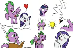 Size: 1000x660 | Tagged: source needed, safe, artist:caluriri, ponibooru import, rarity, spike, twilight sparkle, ponified, ponified:spike, dragon, pony, unicorn, blushing, book, clothes, cosplay, costume, female, heart, idea, laughing, male, mare, reading, shipping, shocked, smiling, speech bubble, straight, swoon, thought bubble, transformation