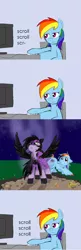 Size: 398x1224 | Tagged: artist needed, source needed, safe, artist:mrawgirl09, ponibooru import, rainbow dash, oc, oc:skywind, pegasus, pony, bored, comic, computer, dexterous hooves, female, image, jpeg, lidded eyes, mare, scared