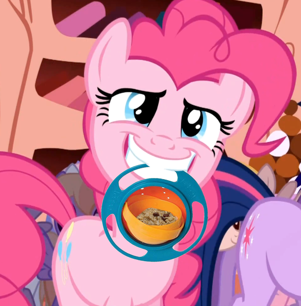 Size: 847x861 | Tagged: editor needed, source needed, safe, edit, edited screencap, ponibooru import, screencap, pinkie pie, twilight sparkle, earth pony, pony, unicorn, friendship is magic, female, food, golden oaks library, gyro bowl, indoors, library, mare, mouth hold, oatmeal, oats, photoshop, smiling, unicorn twilight